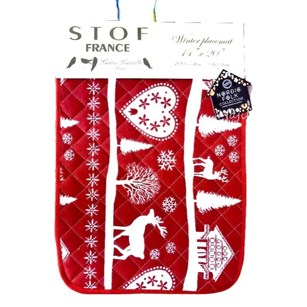 Stof France Christmas Placemats Quilted Winter Red Stag Hearts Scandi Set Of 4